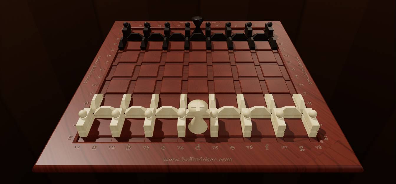 Plateau de Bulltricker en 3D, pièces sculptées sur échiquier en perspective